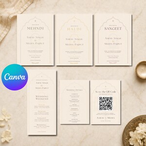 ジャイプール宮殿の結婚式前イベントセット、編集可能なインド式結婚式用Canvaテンプレート、高級ウェディングステーショナリー