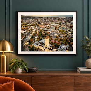 Peut inclure: Une photographie aérienne encadrée d'un paysage urbain présentant une tour haute et proéminente au premier plan, entourée de bâtiments résidentiels, d'arbres et d'infrastructures urbaines sous un ciel doux, dans un cadre noir sur un mur sombre.