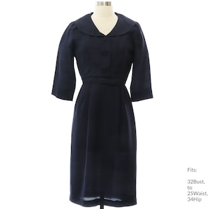32Bust 50s &#39;Leslie Fay&#39; Sheath Dress | Authentic Vintage Dark Blue Rayon Silk Blend Dress (32Bust, to 25Waist, 34Hip)