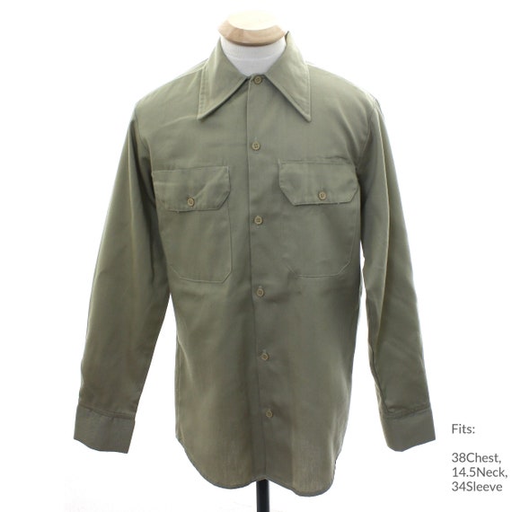 Small 70s Mens Khaki Work Shirt | Vintage Long Sleeve Shirt