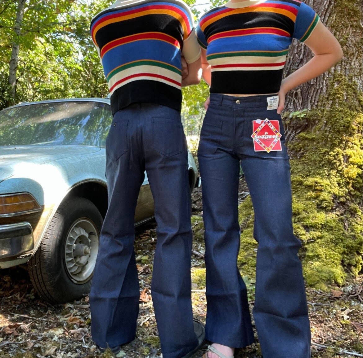 32 x 29 Vintage 1970 Navy Seafarer Dungarees Selvedge Distressed Denim Wide Leg Bell Bottom Pants Abbigliamento Abbigliamento genere neutro per adulti Jeans 