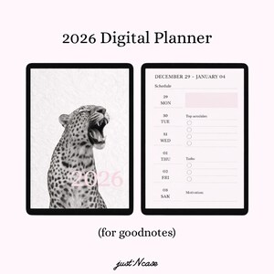 Könnte beinhalten: Digitaler Planer für 2026 mit Leoparden-Grafik und Wochenplan. Der Planer enthält Abschnitte für Planung, Top-Aktivitäten, Aufgaben und Motivation. Der Text "2026 Digital Planner" ist oben zu sehen.