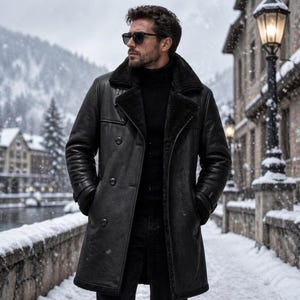 Abrigo de piel auténtica negra con forro de borrego para hombre – Chaqueta de invierno estilo gabardina clásica