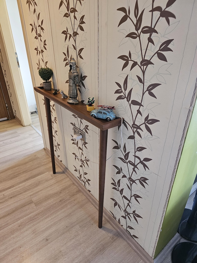 Handmade narrow console table crafted from solid beech wood with a rich walnut stain - perfect small table for entryway and home decor.