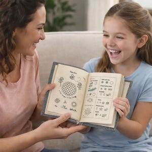 Könnte beinhalten: Ein offenes Journal mit einem Jeans-Einband und Leinen-Seiten wird gezeigt. Die Seiten zeigen handgezeichnete Illustrationen von Blumen, Bienen und anderen Designs. Das Journal ist geöffnet und zeigt die detaillierten Zeichnungen.