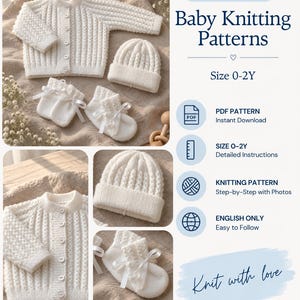 Op de afbeelding: Een digitaal product voor babybreipatronen in maat 0-2 jaar. De afbeelding toont een wit gebreid vestje, een bijpassende muts en slofjes met witte linten. De tekst bevat Digital Product: Baby Knitting Patterns, Size 0-2Y, PDF Pattern en Knit with love.