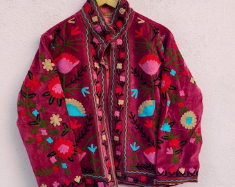 Hand Embroidered Velvet Suzani Jacket \ Embroidery Boho Short Jacket Coat, Vintage Stylish Jacket