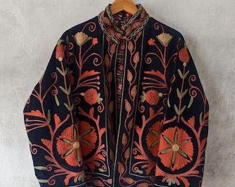 Hand Embroidered Velvet Suzani Jacket, Boho Cardigan