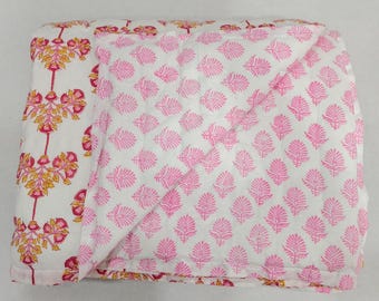 Hand Block Print Cotton Quilt Bedspread - Reversible Winter Blanket Quilt Light Weight Handmade Blanket Boho Comforter - Floral Printed