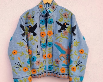 Bohemian Suzani Embroidery Jacket - Rajasthani Short Jacket , Winter Wear Coat , Christmas Gifts