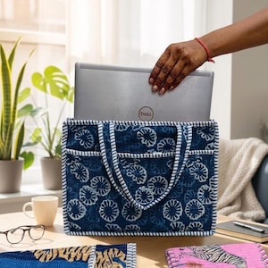 Bolsos para portátil hechos a mano para hombre y mujer con 2 bolsillos, mochila para portátil de 14 pulgadas, mochila de oficina, estampado azul índigo