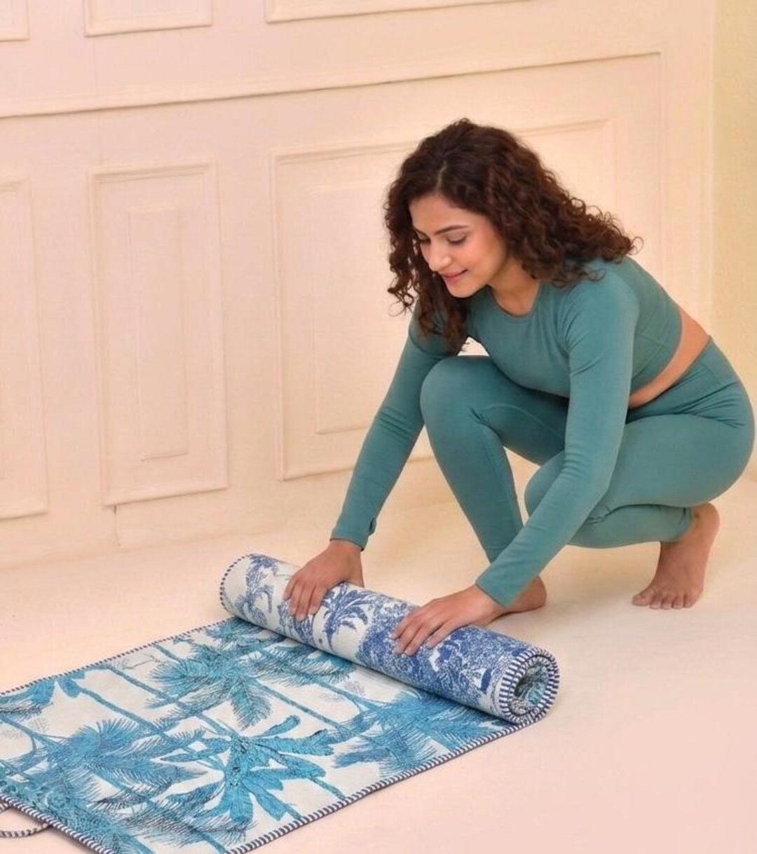 Hand Block Printed Cotton Yoga Mat, Quilted Kantha Exercise Mat ...