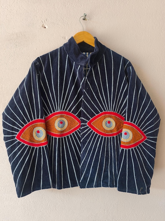 Hand Embroidered Velvet Suzani Jacket - Boho Evil Eye Coat