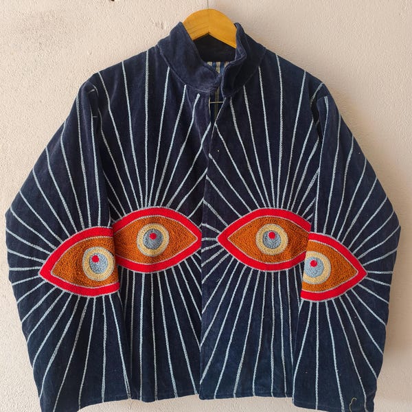 Hand Embroidered Velvet Suzani Jacket - Boho Evil Eye Coat