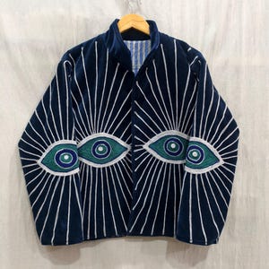 Evil Eye Jacket Velvet Reversible - Boho Jacket Women Men | Embroidered Blue Jacket | Unique Statement Jacket | Festival Outfit Coat