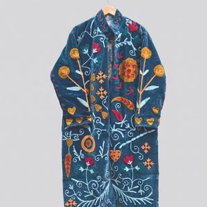 Luxury Velvet Kimono Robe - Colorful Handwork Long Jacket - Hand Embroidered Boho Long Coat - Velvet Duster For Women Unique Gifts Robes