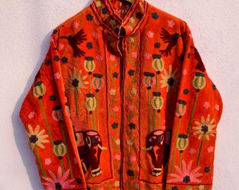 Suzani Velvet Jacket Short - Embroidered Floral Design , Bohemian Winter Coat, Reversible Velvet Jackets