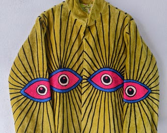 Jaqueta Boho Suzani Bordada à Mão - Casaco com Bordado de Olhos - Casaco Boho Hippie Feito à Mão