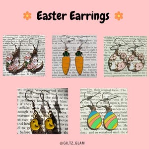 May include: A selection of Easter-themed earrings featuring carrot, bunny, and egg designs. The earrings are presented against a backdrop of old book pages, with the words "Easter Earrings" displayed at the top.