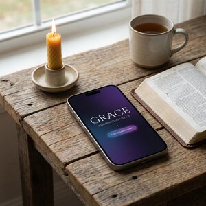 May include: A rustic wooden table holds a lit beeswax candle in a ceramic holder, a mug of tea, an open book, and a smartphone. The phone displays the word "GRACE" with the text "2024 SPIRITUAL LIFE ON" and a button that says "ENTER SANCTUARY".