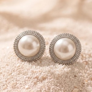 Silver Pearl Button Stud Earrings, Vintage Inspire Round Studs, Women's Jewellery, Gift for Her