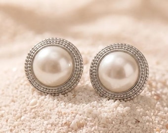 Silberne Perlen-Ohrstecker mit Knopfverschluss, runde Ohrstecker im Vintage-Stil, Damenschmuck, Geschenkidee für Sie