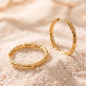 May include: A pair of gold hoop earrings featuring a textured, hammered surface. The circular earrings have a thin, polished metal construction with a hinged closure mechanism, showcasing a reflective finish that catches the light across the surface.