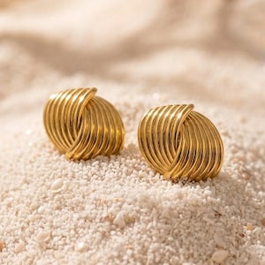 Gold Ribbed Knot Stud Earrings, Vintage Inspired Statement Studs, Minimalist Jewellery