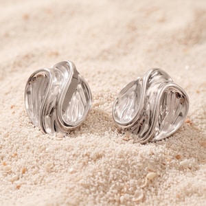 May include: A pair of silver-toned earrings featuring a sculptural, swirling design with smooth, reflective surfaces and deep, organic folds. The earrings have a rounded, abstract shape with a polished metallic finish that catches the light.