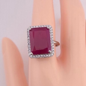 Emerald Cut Adjustable Ring CZ, Silver Statement Ring, Red Green Gemstone Ring, Minimal Modern Ring, Open Adjustable Ring Gift for Her