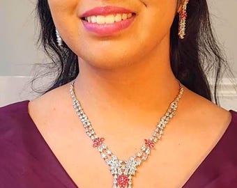 Luxury CZ Bridal Necklace Set Silver, Statement Crystal Wedding Jewelry, Floral Drop Necklace, Evening Party Set, Gift for Her