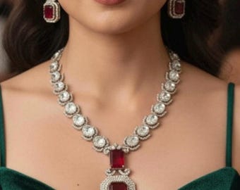 Emerald Cut Statement Necklace Set, Red Green Stone Cocktail Jewelry, Bold Evening Party Necklace, Modern Gift Jewelry