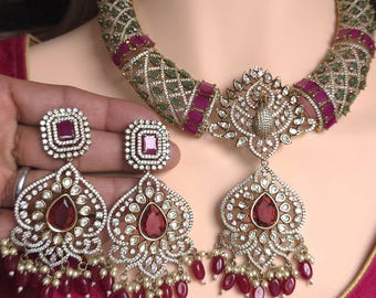 Peacock Moissanite Kundan Bridal Choker Set, Indian Wedding Jewelry, Statement Lehenga Necklace, Nikkah Reception Jewelry