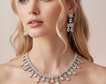 Silver CZ Bridal Necklace Set, Diamond Look Wedding Jewelry, Teardrop Statement Necklace Earrings Set, Bridal Reception Jewelry