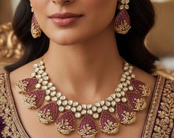 Magenta CZ Polki Bridal Choker Necklace Set, Indian Wedding Jewelry, Statement Bridal Jewelry, Reception Sangeet Mehndi Set Maang Tikka