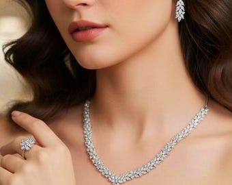CZ jewelry set with necklace earrings bracelet and adjustable ring, silver crystal matching set, elegant wedding guest jewelry gift,