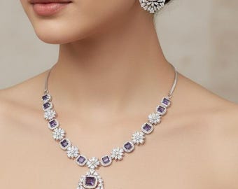 Purple CZ Halo Pendant Necklace Set Silver, Crystal Statement Jewelry, Elegant Evening Necklace, Formal Jewelry Set, Gift for Her