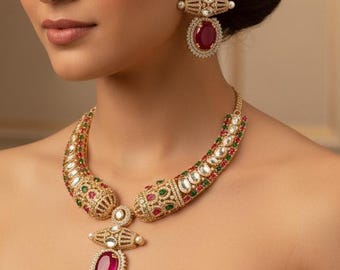 Red Moissanite Kundan Bridal Necklace Set, Indian Wedding Jewelry, Statement Lehenga Necklace, Pakistani Nikkah Reception Jewelry
