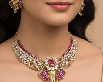 Ganpati Moissanite Kundan Necklace Set, Indian Temple Jewelry, Bridal Wedding Jewelry, Diwali Festive Gift Statement Pendant set Maang Tikka