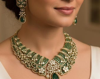 Emerald Green Kundan Bridal Choker Set, Indian Wedding Jewelry, Statement Lehenga Necklace, Pakistani Nikkah Reception Set