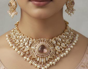 Peach Kundan Polki Bridal Choker Set, Indian Wedding Jewelry, Statement Lehenga Necklace, Pakistani Nikkah Reception Jewelry Set Maang Tikka