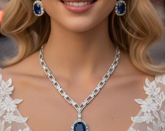Royal Blue CZ Necklace Set Silver, Oval Crystal Pendant Jewelry, Elegant Evening Necklace, Sapphire Style Gift for Her