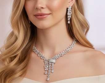Silver CZ Bridal Necklace Set, Wedding Jewelry, Statement Reception Party Necklace, Elegant Wedding Jewelry, Gift for Her, Pink/Clear