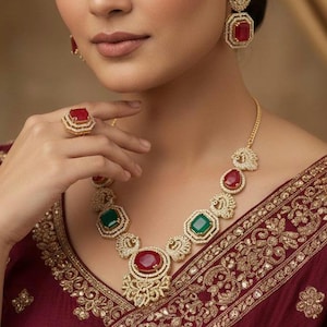 Kundan Ruby Emerald Bridal Jewelry Set, Moissanite CZ Necklace Earrings Maang Tikka Ring