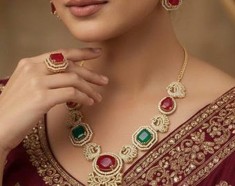 Kundan Ruby Emerald Bridal Jewelry Set, Moissanite CZ Necklace Earrings Maang Tikka Ring