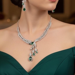 Silver CZ Y Necklace Set, Indian Wedding Jewelry, Bridal Lariat Necklace, Pakistani Reception Jewelry, Sapphire Emerald Ruby Set Earrings