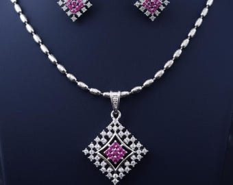 CZ Diamond Shape Necklace Set Silver | Geometric Pendant Jewelry Set with Earrings | Minimal Crystal Necklace Gift for Her Everyday Jewelry