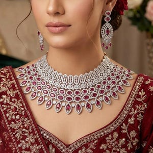 Ruby CZ Bridal Necklace Set, Marquise Drop Earrings & Maang Tikka, Indian Wedding Jewelry