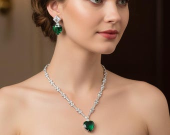 Green Heart CZ Pendant Necklace Set Silver, Dainty Crystal Jewelry, Minimal Everyday Necklace, Gift for Her, Bridesmaid Jewelry