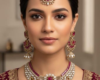 Red Green Kundan Bridal Necklace Set, Indian Wedding Jewelry, Statement Lehenga Set, Pakistani Nikkah Reception Jewelry with Maang Tikka